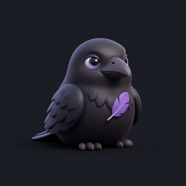 Quill, the PromptMaster raven, holding a purple feather