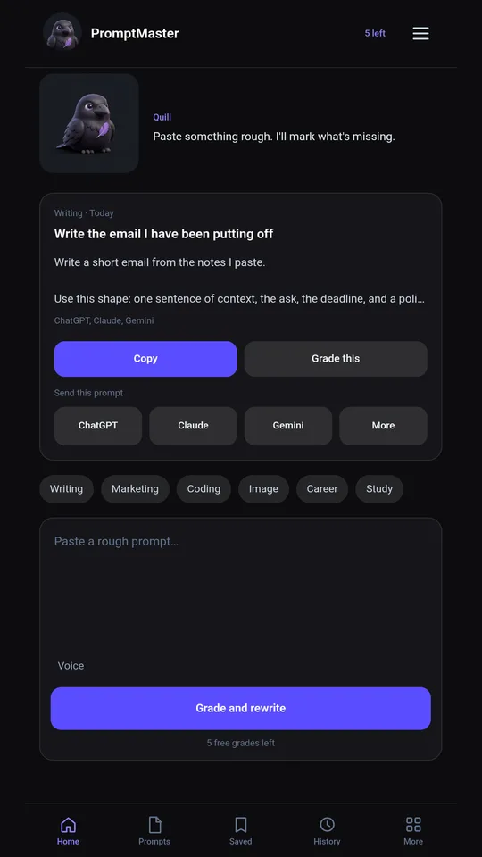 PromptMaster home screen with Quill and the prompt of the day