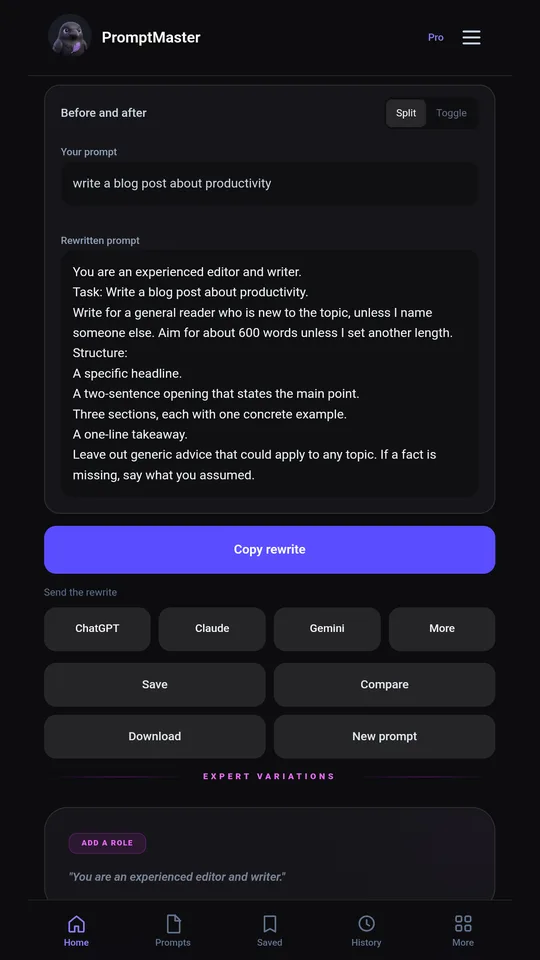 The rewritten prompt ready to send to ChatGPT or Claude